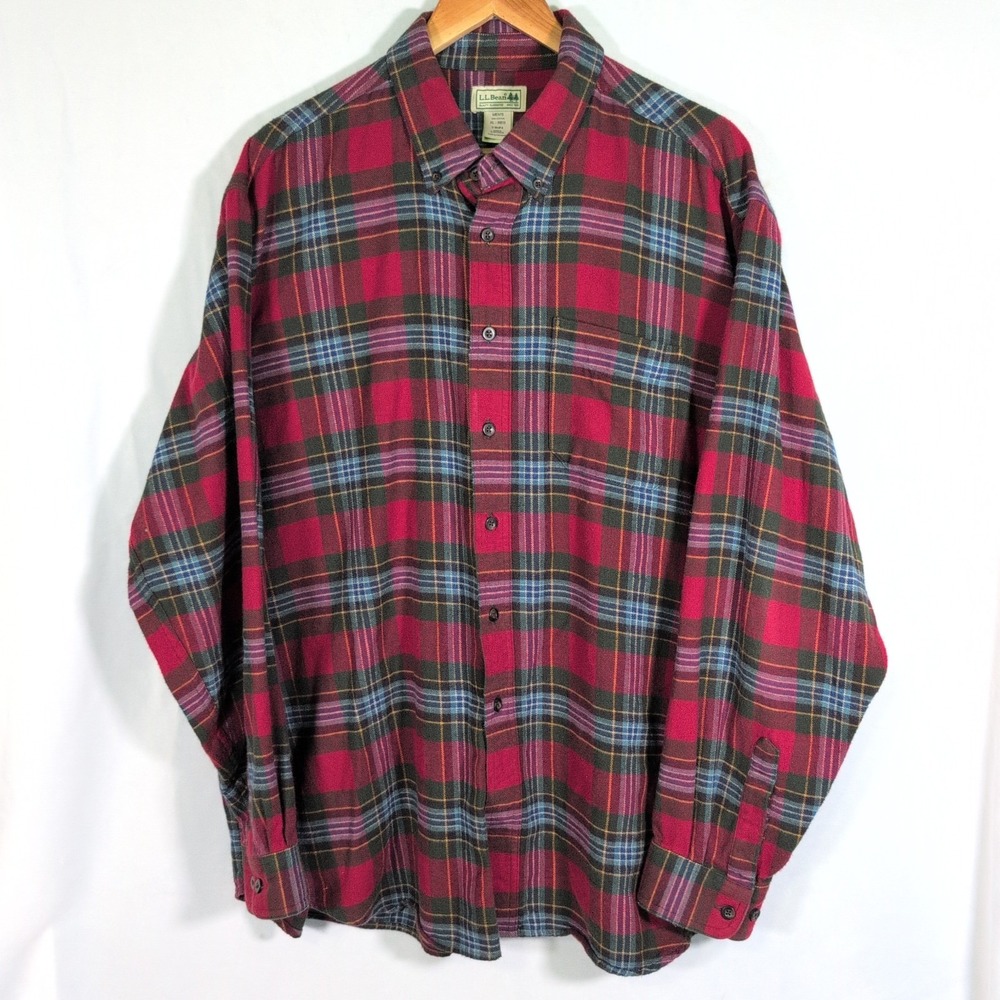 L.L. Bean Shirt Mens XL Green Red ScotcPlaid Flannel Button Up Cabincore Outdoor